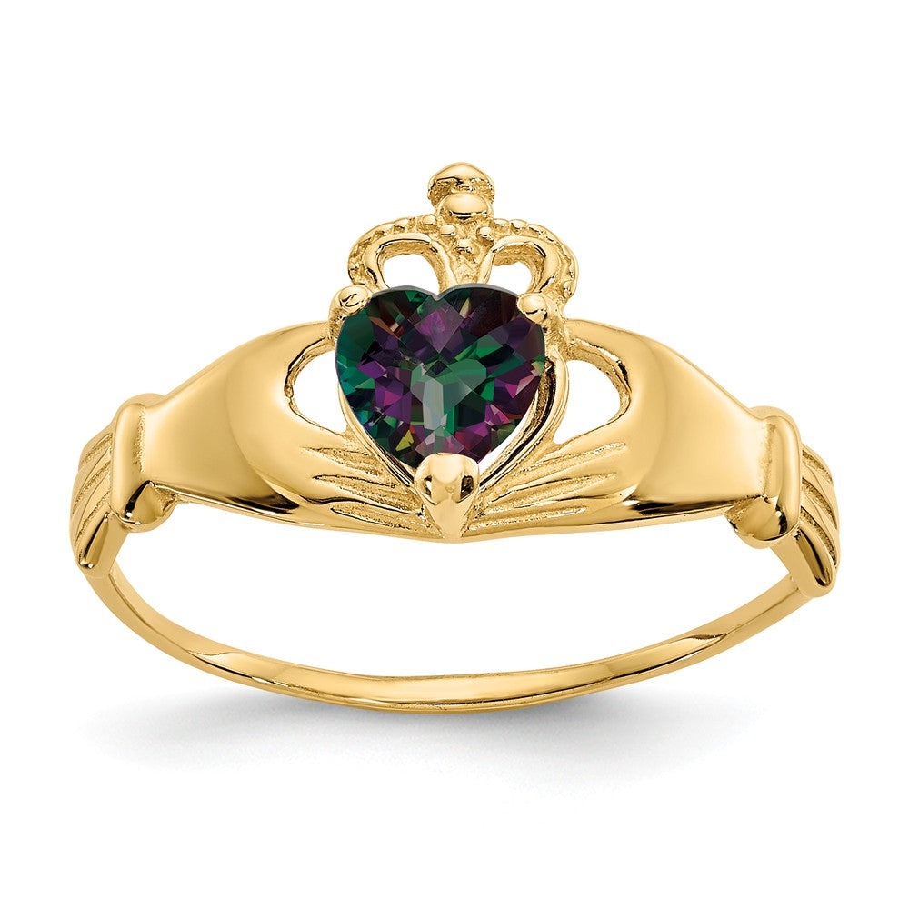 14k Yellow Gold CZ June Birthstone Claddagh Heart Ring, Size: 6
