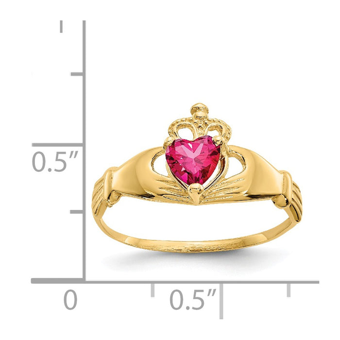 14k Yellow Gold CZ July Birthstone Claddagh Heart Ring, Size: 7