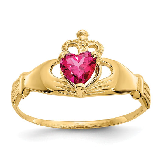 14k Yellow Gold CZ July Birthstone Claddagh Heart Ring, Size: 7