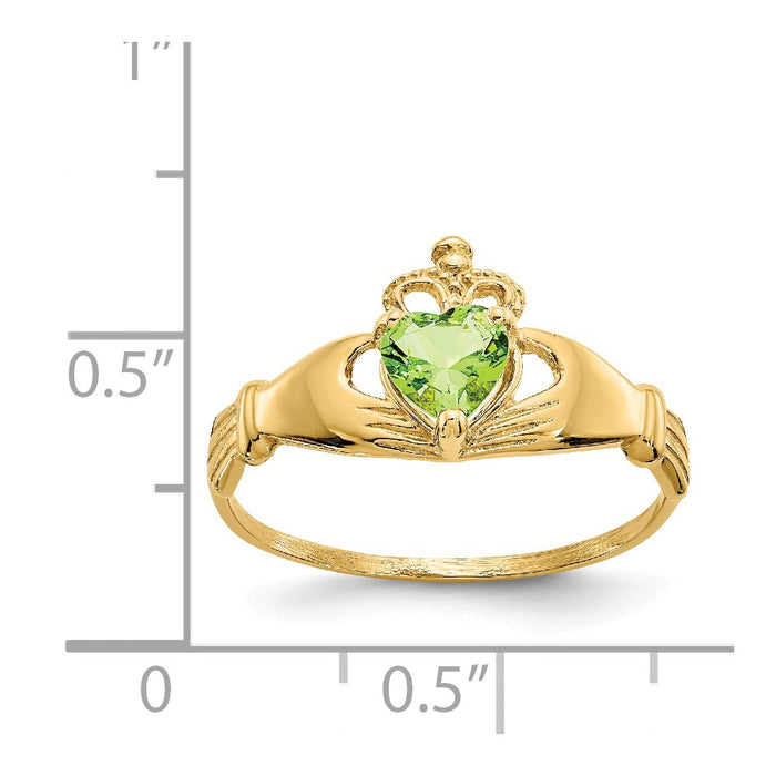 14k Yellow Gold CZ August Birthstone Claddagh Heart Ring, Size: 7