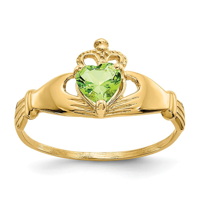 14k Yellow Gold CZ August Birthstone Claddagh Heart Ring, Size: 7
