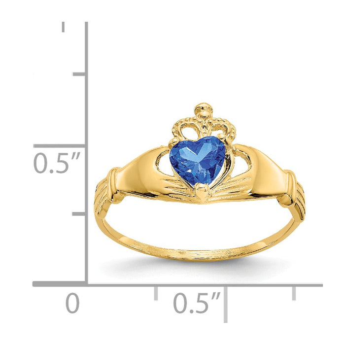 14k Yellow Gold CZ September Birthstone Claddagh Heart Ring, Size: 7
