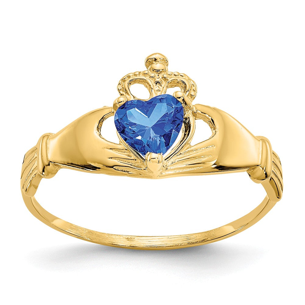 14k Yellow Gold CZ September Birthstone Claddagh Heart Ring, Size: 7