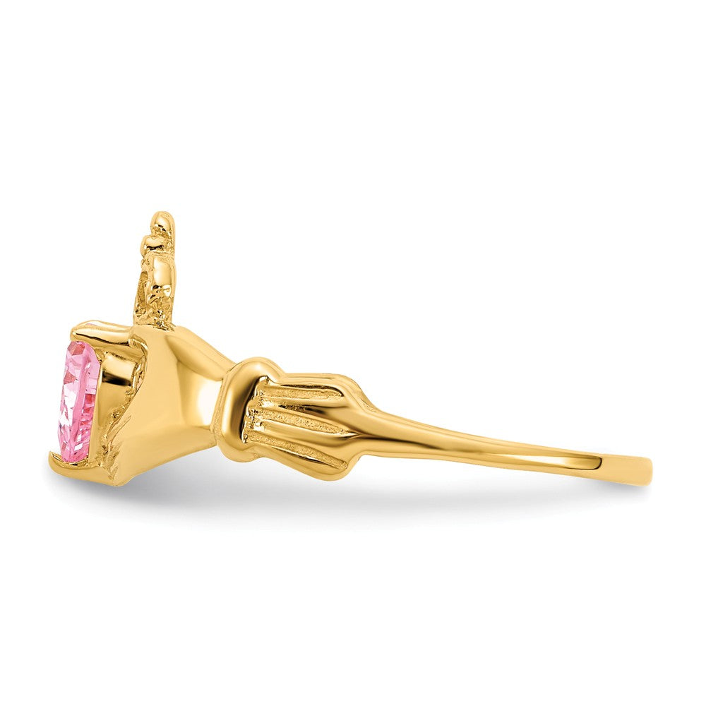 14k Yellow Gold CZ October Birthstone Claddagh Heart Ring, Size: 7