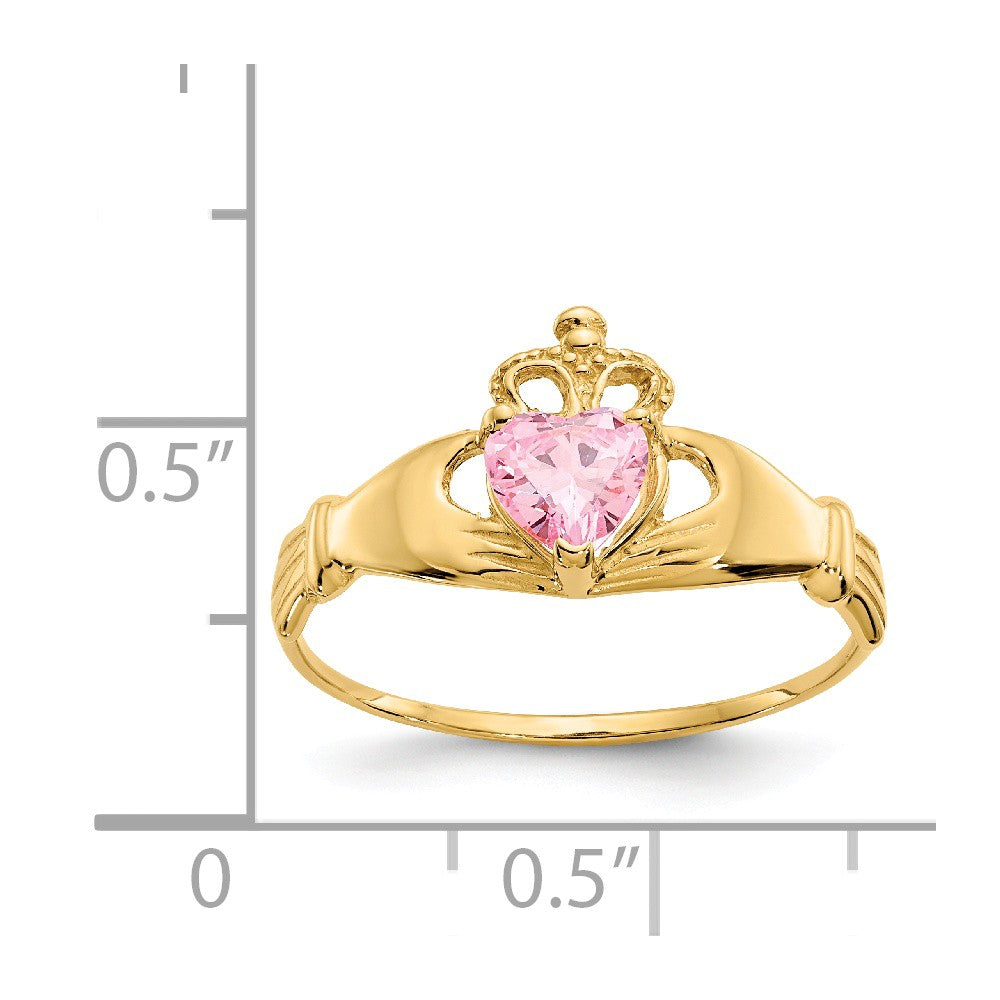 14k Yellow Gold CZ October Birthstone Claddagh Heart Ring, Size: 7
