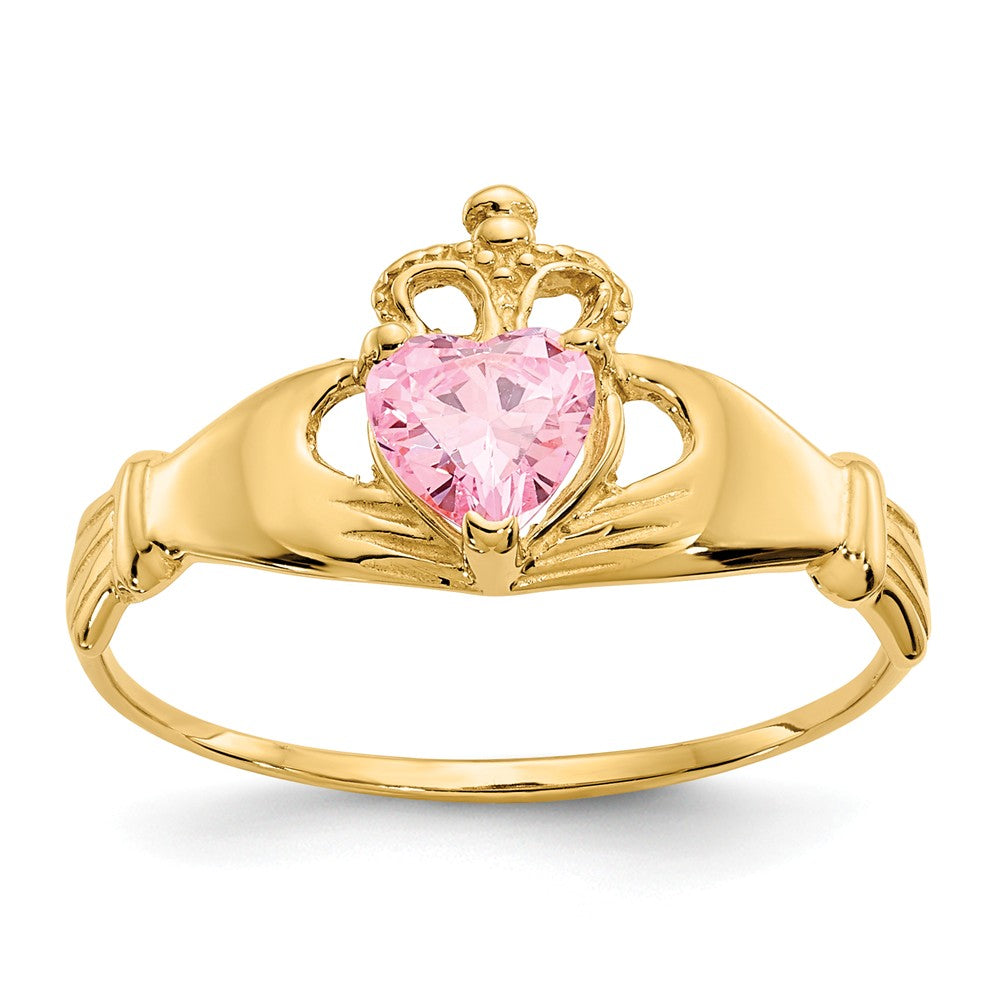 14k Yellow Gold CZ October Birthstone Claddagh Heart Ring, Size: 7
