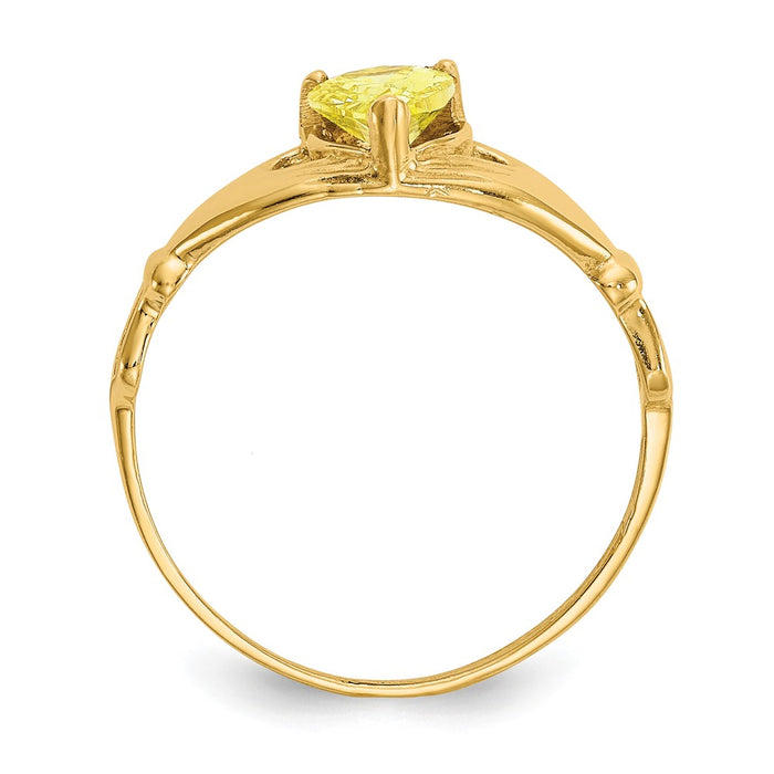 14k Yellow Gold CZ November Birthstone Claddagh Heart Ring, Size: 7
