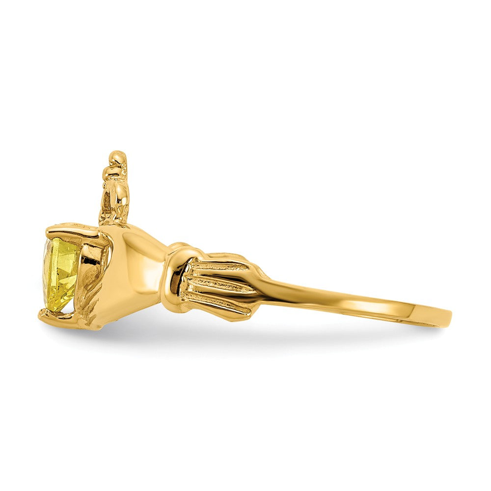14k Yellow Gold CZ November Birthstone Claddagh Heart Ring, Size: 7