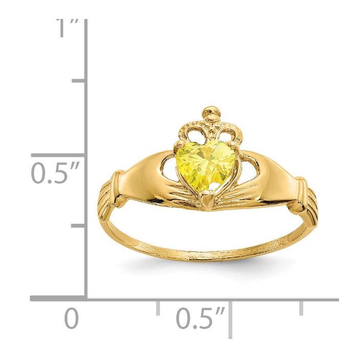 14k Yellow Gold CZ November Birthstone Claddagh Heart Ring, Size: 7