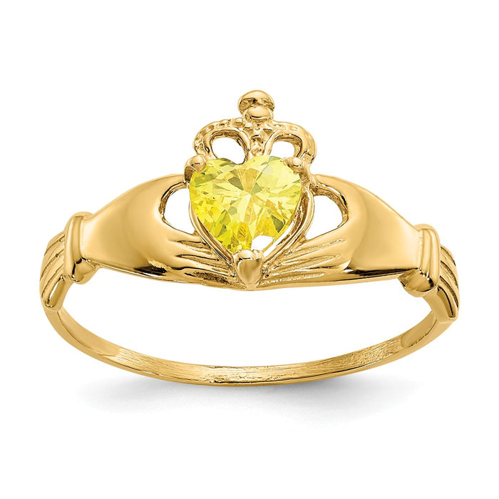 14k Yellow Gold CZ November Birthstone Claddagh Heart Ring, Size: 7