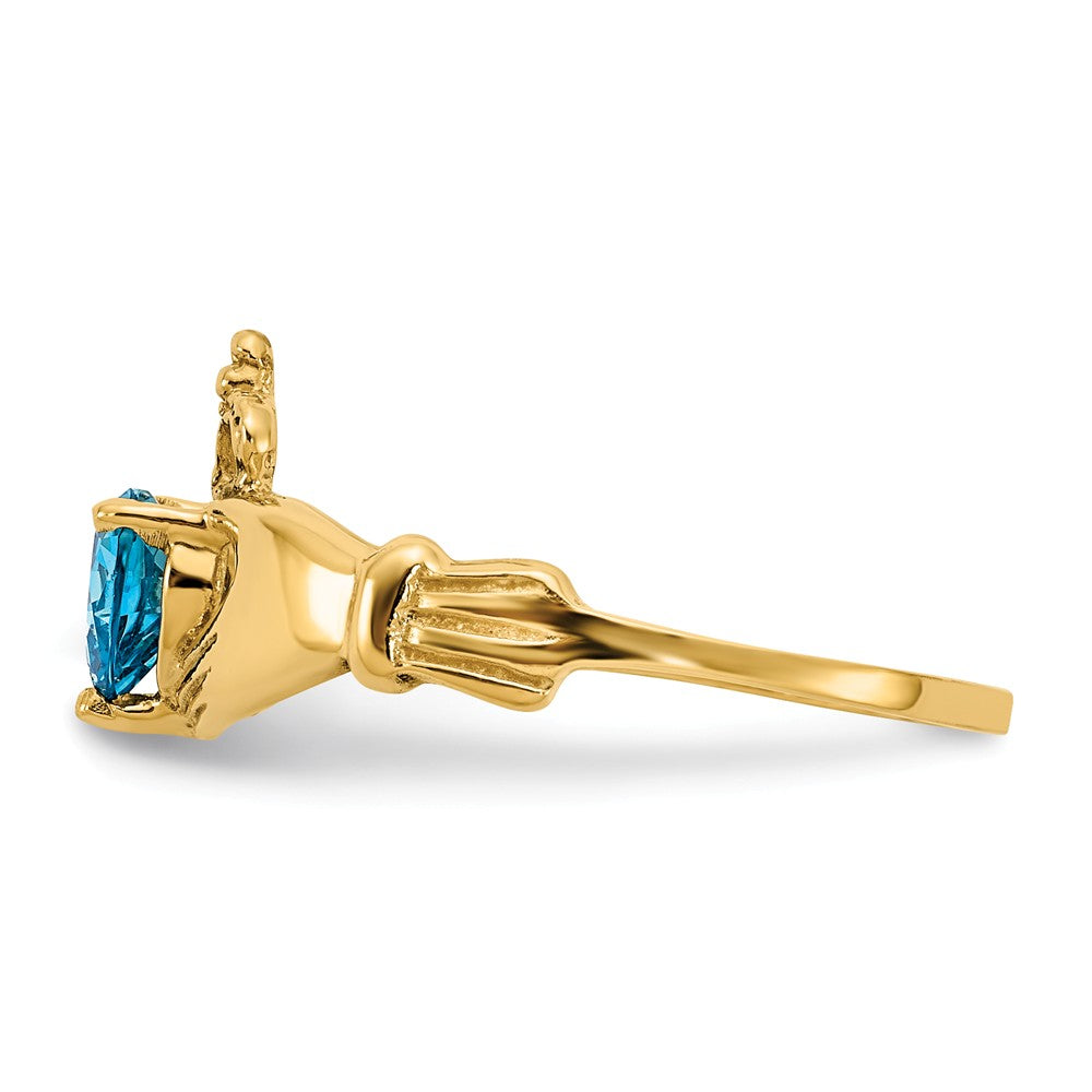 14k Yellow Gold CZ December Birthstone Claddagh Heart Ring, Size: 7