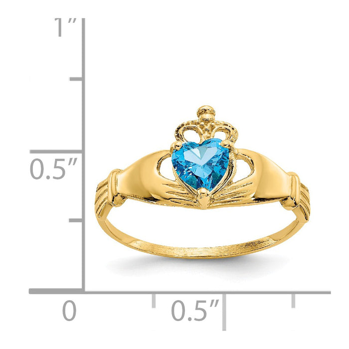 14k Yellow Gold CZ December Birthstone Claddagh Heart Ring, Size: 7
