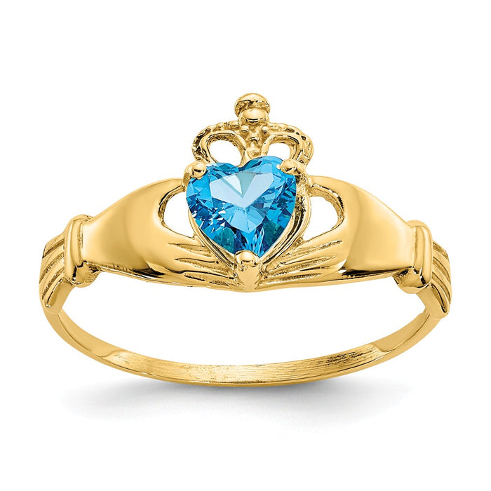 14k Yellow Gold CZ December Birthstone Claddagh Heart Ring, Size: 7