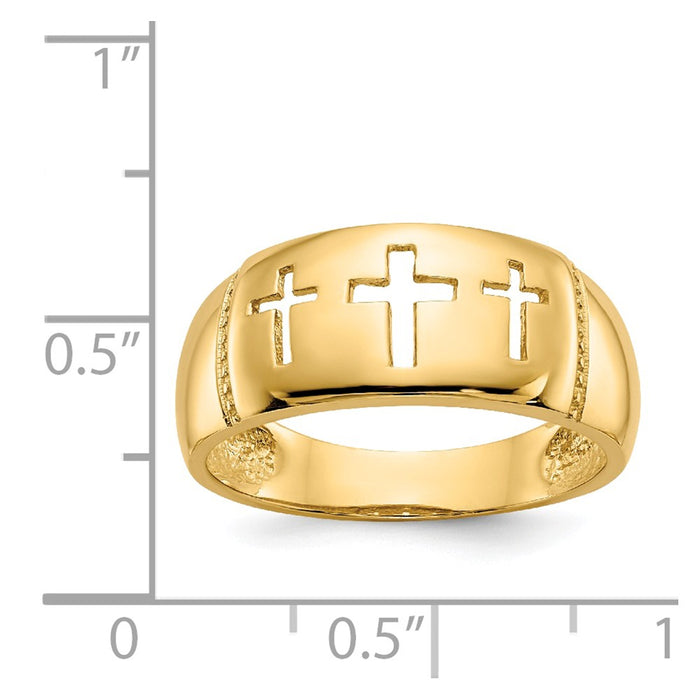 14k Yellow Gold Polished & Rhodium Cut-out 3 Cross Ring, Size: 7.5
