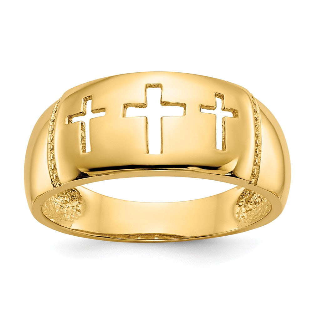 14k Yellow Gold Polished & Rhodium Cut-out 3 Cross Ring, Size: 7.5