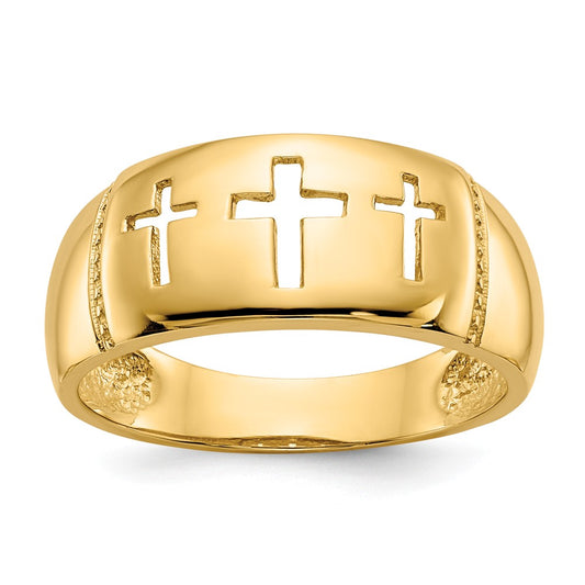 14k Yellow Gold Polished & Rhodium Cut-out 3 Cross Ring, Size: 7.5