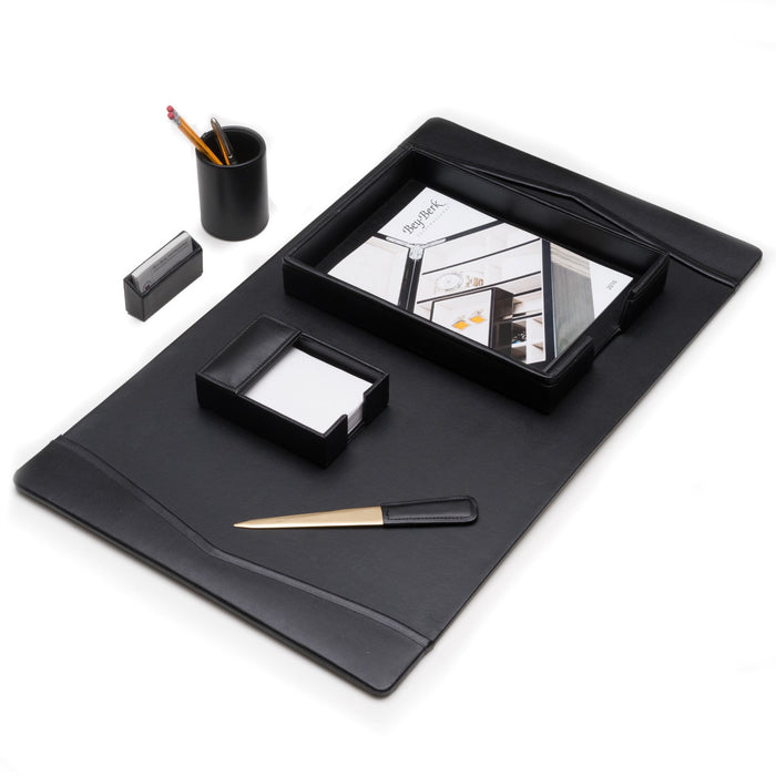 Occasion Gallery Black Color 6 Piece Black Leather Desk Set. Includes 18"x30" Desk Pad, Letter Tray, Pen Cup, Business Card Holder, 4"x6" Memo Pad and Letter Opener with Gold Plated Accent. 30 L x 18 W x 4 H in.