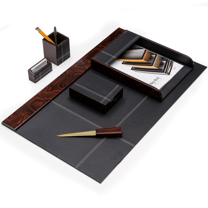 Occasion Gallery Black/ Burl Wood Color 6 Piece "Burl" Wood & Black Leather Desk Set. Includes 18"x30" Desk Pad, Letter Tray, Pen Cup, Business Card Holder, 4"x6" Memo Pad and Letter Opener with Gold Plated Accent. 30 L x 18 W x 4 H in.