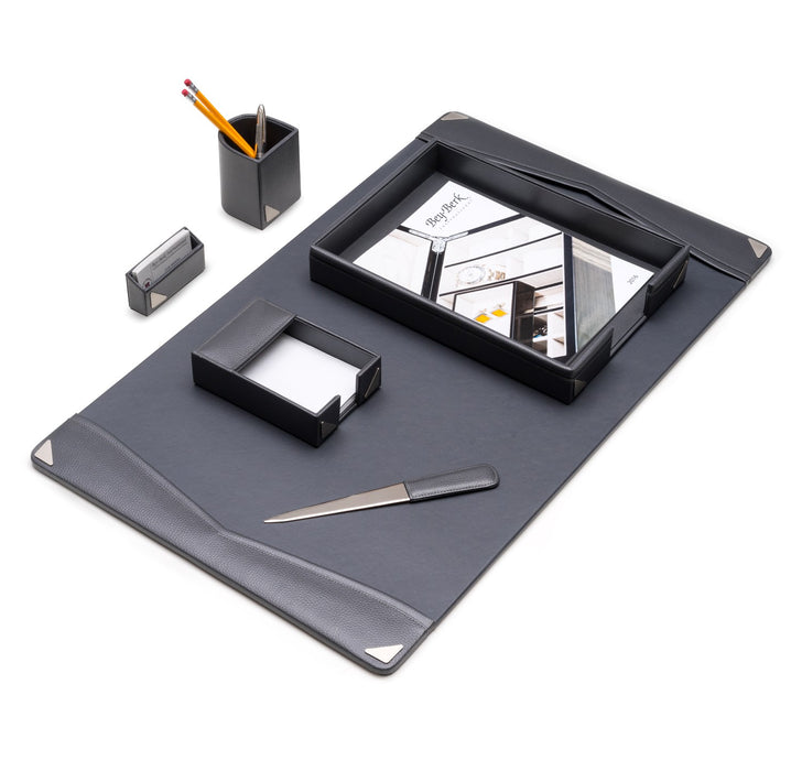 Occasion Gallery Grey Color 6 Piece Grey Leather Desk Set. Includes 18"x30" Desk Pad, Letter Tray, Pen Cup, Business Card Holder, 4"x6" Memo Pad and Letter Opener with Silver Plated Accent. 30 L x 18 W x 4 H in.