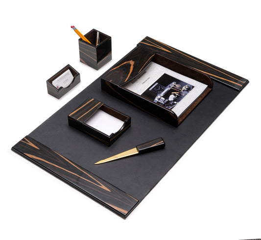 Occasion Gallery Ebony/Black Color 6 Piece "Ebony" Wood & Black Leather Desk Set. Includes 18"x30" Desk Pad, Letter Tray, Pen Cup, Business Card Holder, 4"x6" Memo Pad and Letter Opener with Gold Plated Accent. 30 L x 18 W x 4 H in.