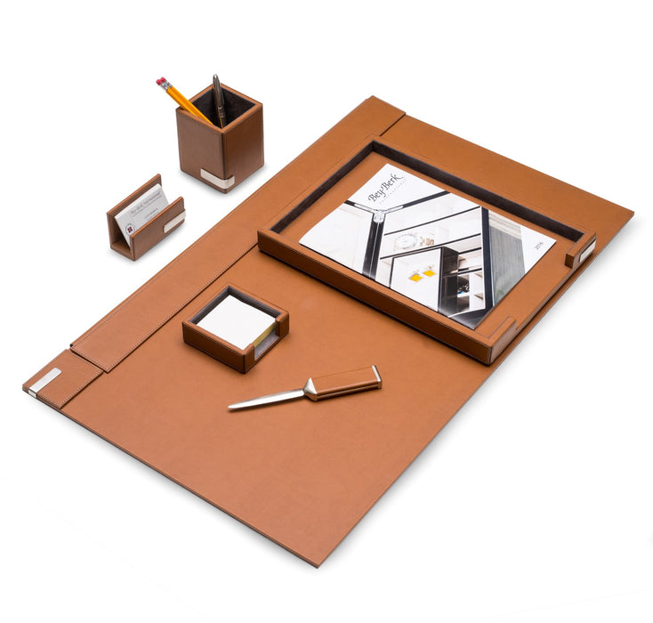Occasion Gallery Brown Color 6 Piece Brown Leather Desk Set. Includes 18"x30" Desk Pad, Letter Tray, Pen Cup, Business Card Holder, 3"x3" Post it Pad and Letter Opener with Chrome Accents. 30 L x 18 W x 4.25 H in.