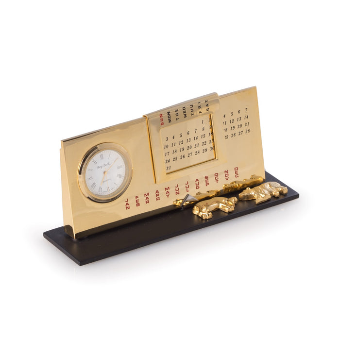 Occasion Gallery Gold Color "Stock Market", Gold Plated Perpetual Calendar & Clock on Black Base. 6 L x 1.75 W x 2.65 H in.