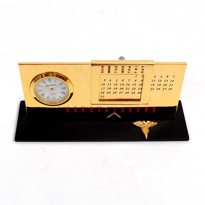 Occasion Gallery Gold Color "Dental", Gold Plated Perpetual Calendar & Clock on Black Base. 6 L x 1.75 W x 2.65 H in.