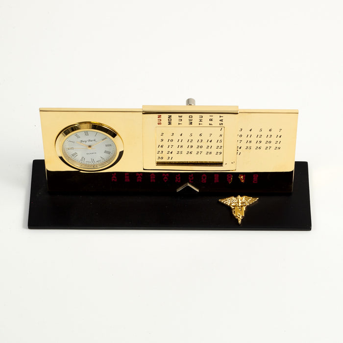 Occasion Gallery Gold Color "Nursing", Gold Plated Perpetual Calendar & Clock on Black Base. 6 L x 1.75 W x 2.65 H in.