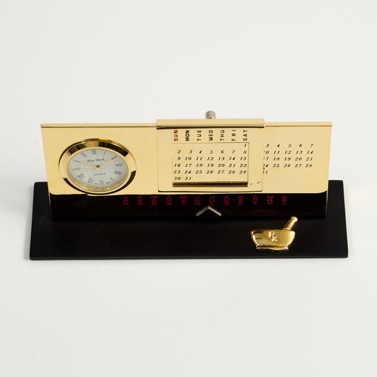 Occasion Gallery Gold Color "Pharmacy", Gold Plated Perpetual Calendar & Clock on Black Base. 6 L x 1.75 W x 2.65 H in.