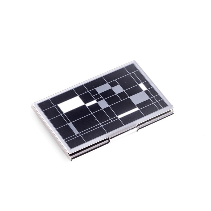 Occasion Gallery Black/Silver Color Nickel Plated Business Card Case with Black Cube Design. 3.75 L x 0.35 W x 2.5 H in.