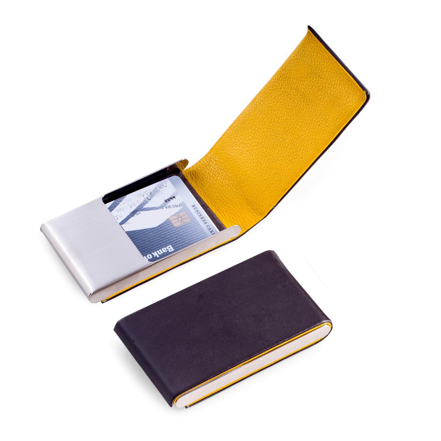 Occasion Gallery Brown Color Brown Leather Business Card Case with Flip Top and Magnetic Closure. 4 L x 2.5 W x 0.85 H in.
