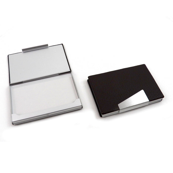 Occasion Gallery Black Color Black Leather Business Card Case with Aluminum Trim. 3.85 L x 2.5 W x 0.5 H in.