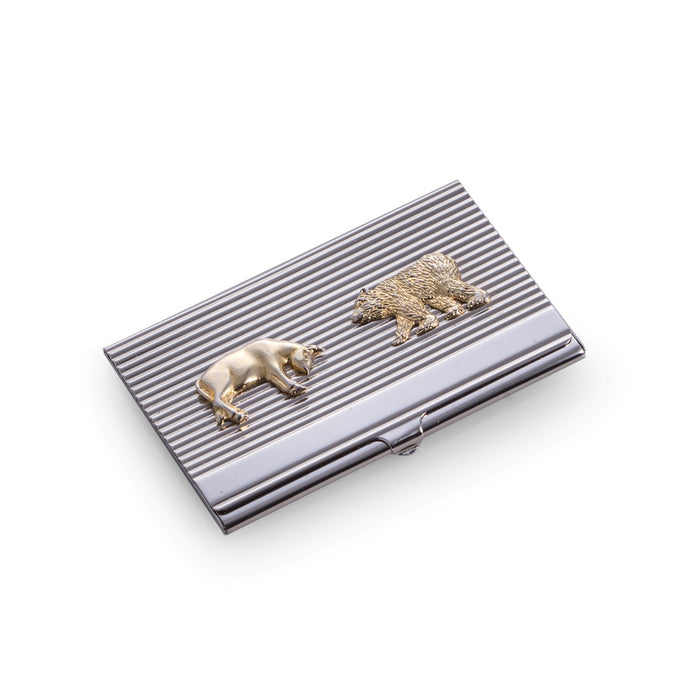 Occasion Gallery Silver/Gold Color Silver Plated Business Card Case with Gold Plated "Stock Market" Emblem. 3.75 L x 2.35 W x 0.25 H in.
