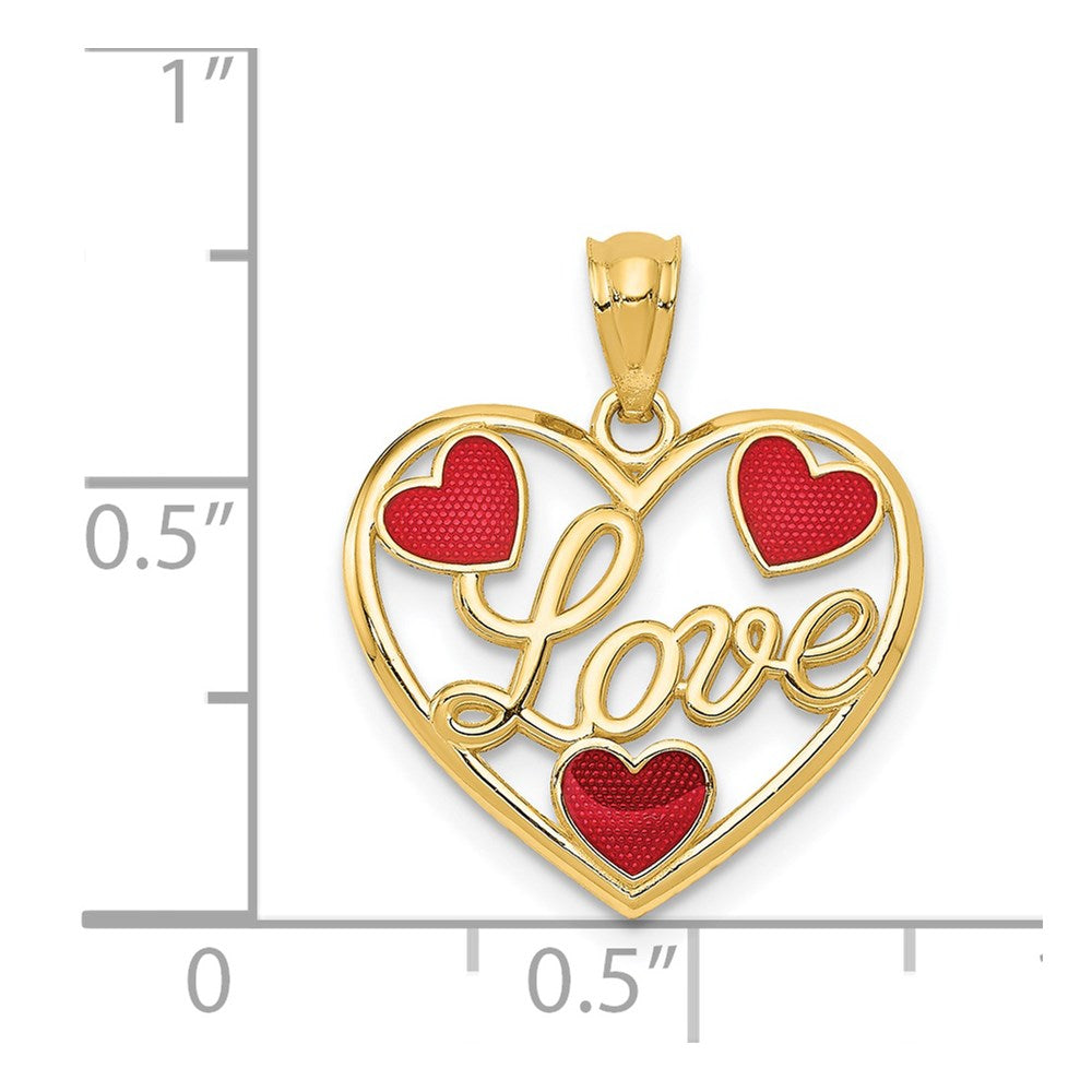 Million Charms 14K Yellow Gold Themed Red Enameled Hearts Pendant