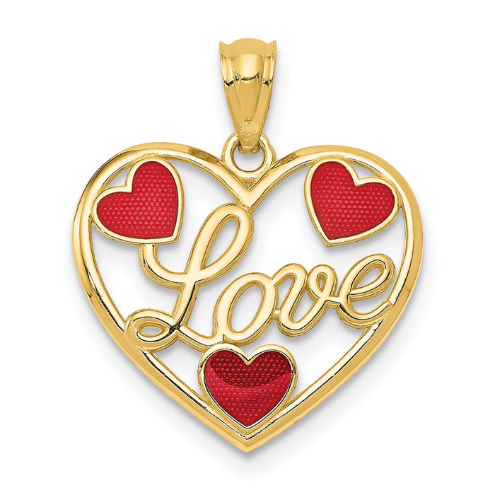 Million Charms 14K Yellow Gold Themed Red Enameled Hearts Pendant