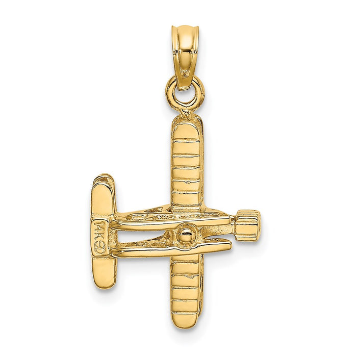 Million Charms 14K Yellow Gold Themed 3-D Bi-Plane With Ribbed Wings Charm