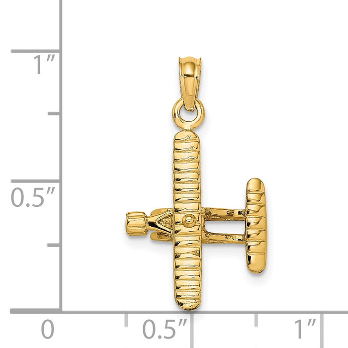 Million Charms 14K Yellow Gold Themed 3-D Bi-Plane With Ribbed Wings Charm