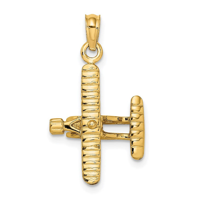 Million Charms 14K Yellow Gold Themed 3-D Bi-Plane With Ribbed Wings Charm