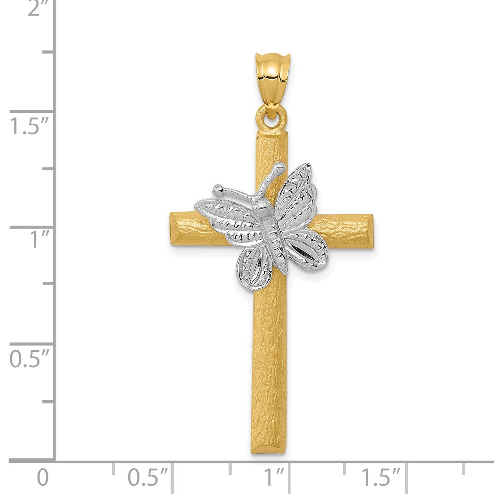 Million Charms 14K Two-Tone Relgious Cross With Butterfly Pendant