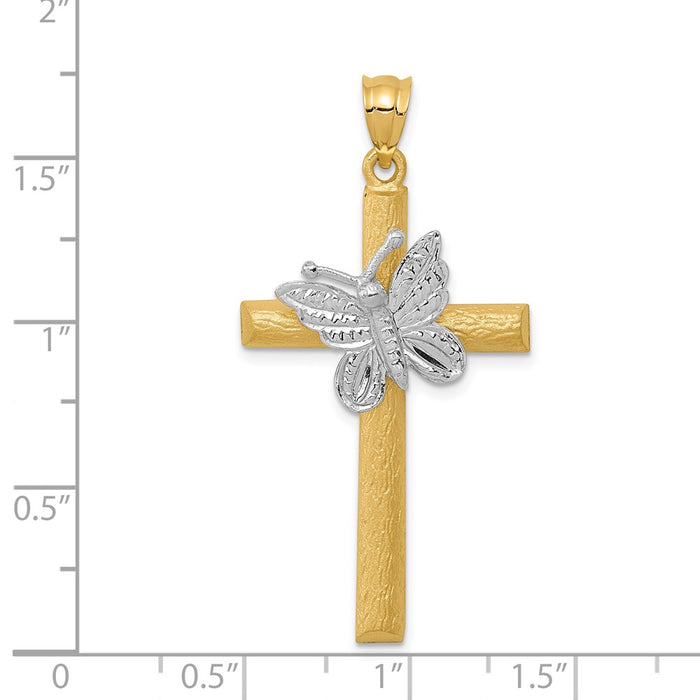 Million Charms 14K Two-Tone Relgious Cross With Butterfly Pendant