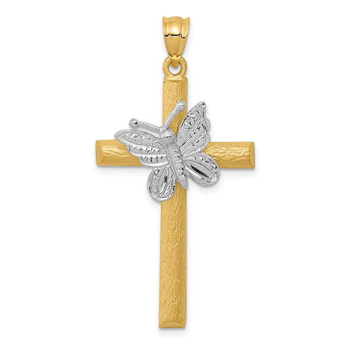 Million Charms 14K Two-Tone Relgious Cross With Butterfly Pendant