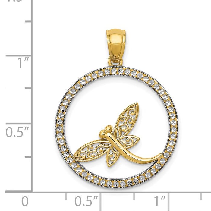 Million Charms 14K Yellow Gold Themed With Rhodium-plated Diamond-Cut Dragonfly Circle Pendant