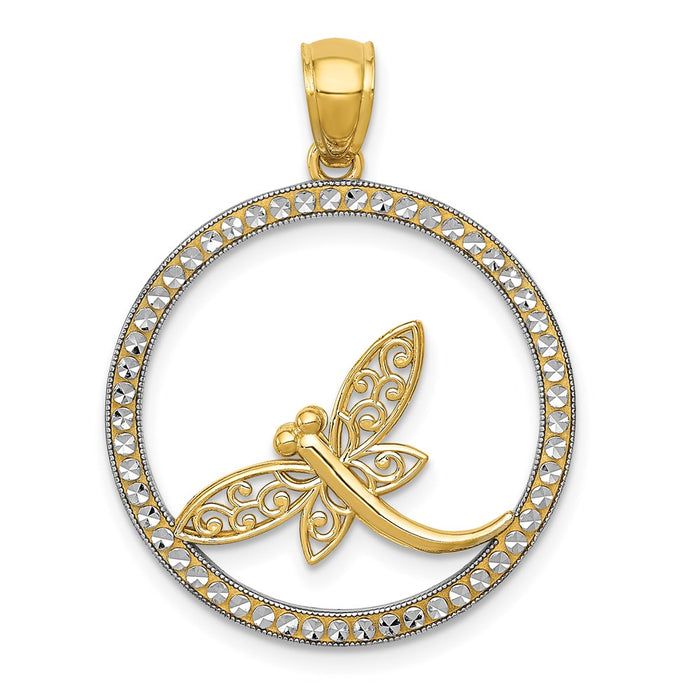 Million Charms 14K Yellow Gold Themed With Rhodium-plated Diamond-Cut Dragonfly Circle Pendant