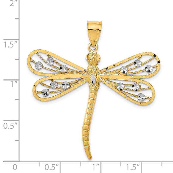 Million Charms 14K Yellow Gold Themed, Rhodium-plated Diamond-Cut Filigree Dragonfly Pendant