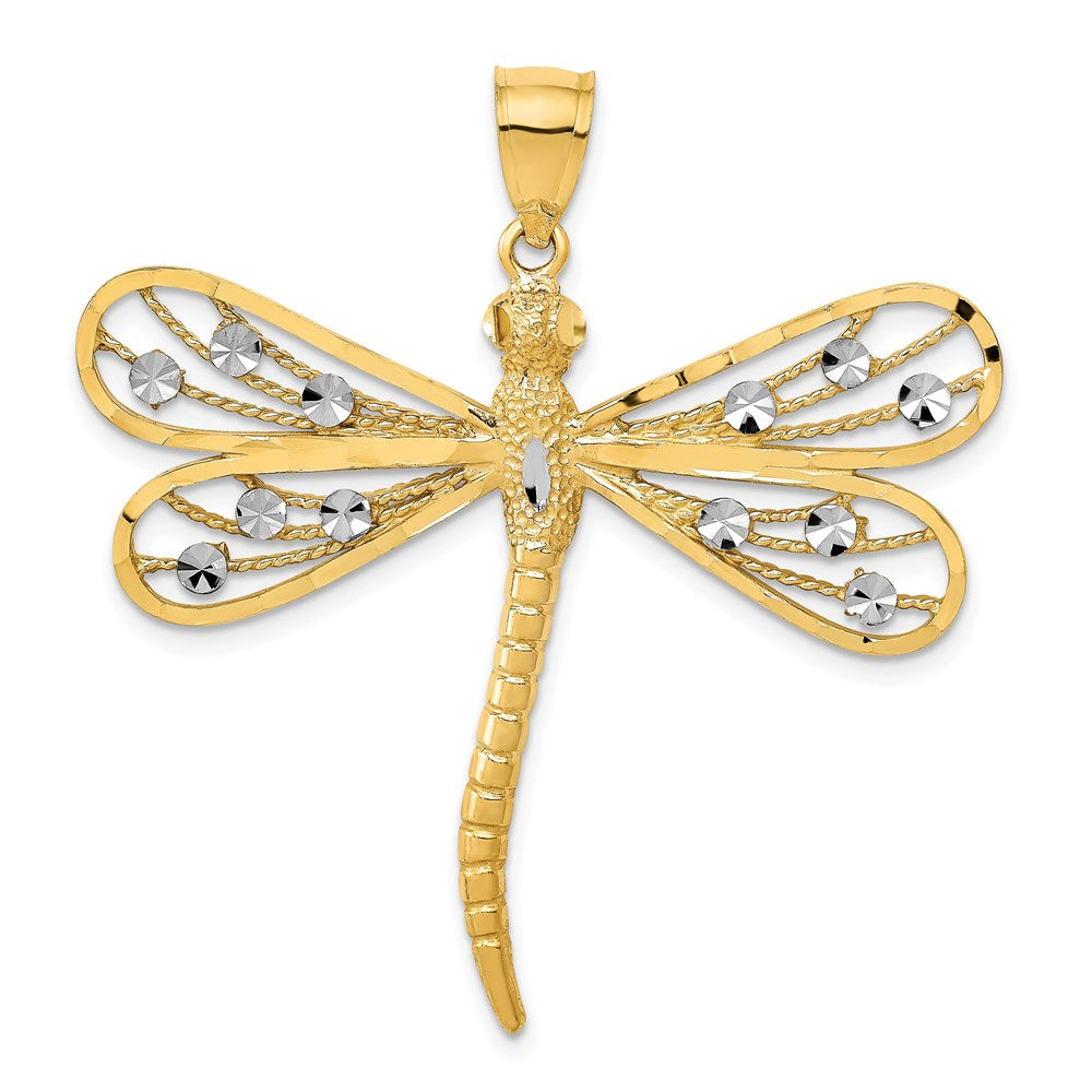 Million Charms 14K Yellow Gold Themed, Rhodium-plated Diamond-Cut Filigree Dragonfly Pendant
