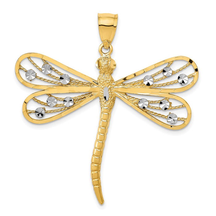Million Charms 14K Yellow Gold Themed, Rhodium-plated Diamond-Cut Filigree Dragonfly Pendant