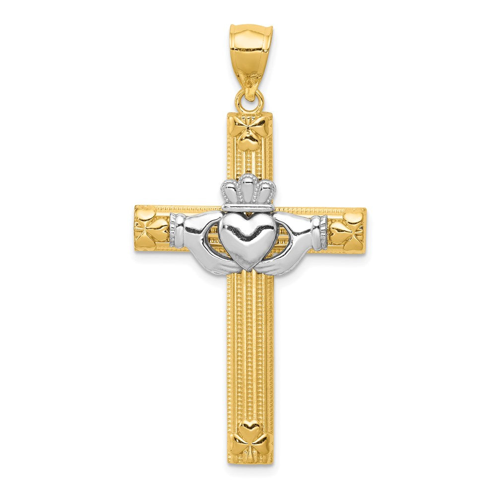 Million Charms 14K Two-Tone Claddagh Relgious Cross Pendant
