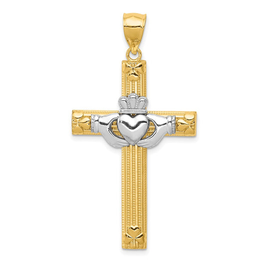 Million Charms 14K Two-Tone Claddagh Relgious Cross Pendant