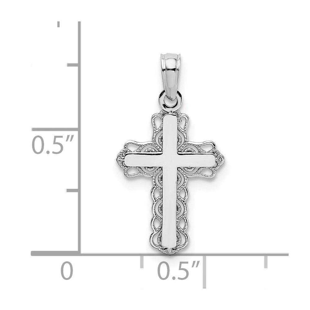 Million Charms 14K White Gold Themed With Lace Trim & Polished Center Relgious Cross Charm