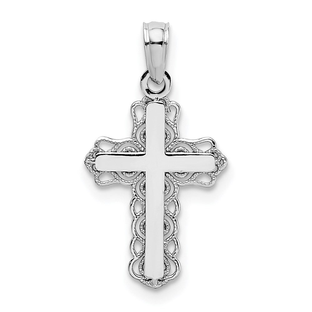 Million Charms 14K White Gold Themed With Lace Trim & Polished Center Relgious Cross Charm